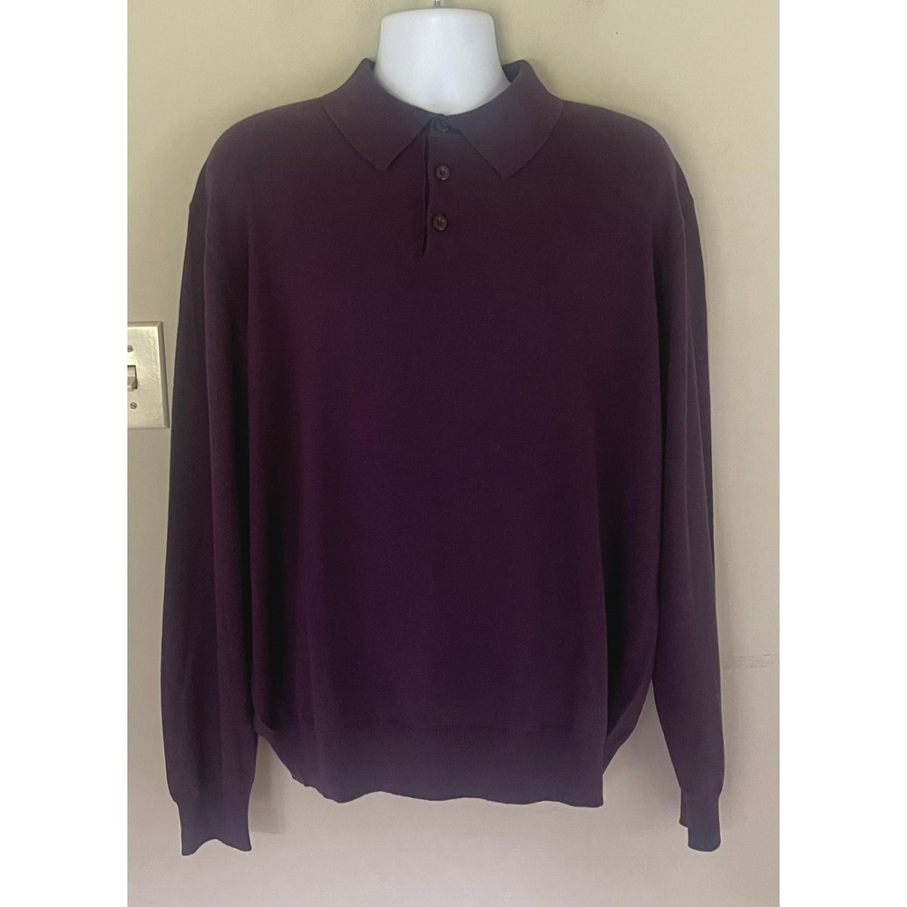Orvis Mens XL Purple Cotton Silk Cashmere Long Sleeve Polo Sweater Knit Top